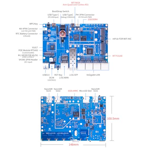 Image of Banana Pi BPI-R4 Lite WiFi 7 Router Dev Board Kit OpenWRT - MediaTek MT7987A SoC - 2GB DDR4 RAM 8GB eMMC, 1x 2.5G SFP RJ45 WAN, 4X GbE Gigabit Ethernet for NAS Smart Home Gateway (2GB, Bundle3)