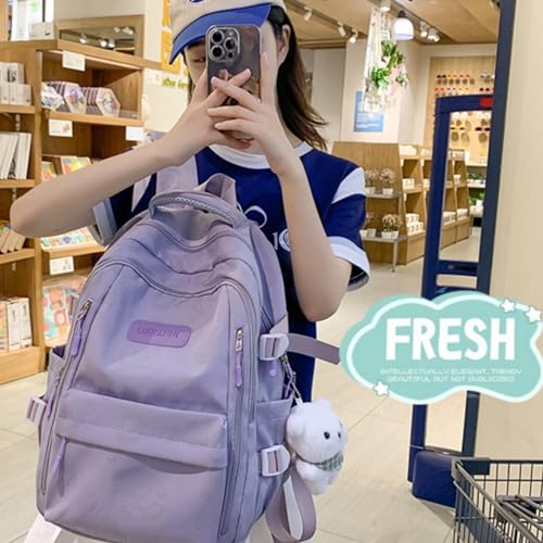 Cute Aesthetic Backpack Kawaii Bear Backpack with Cute Pendant Casual Daypack Travel Bookbag Large Capacity (White)2