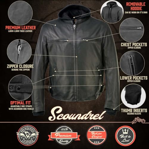 Image of Milwaukee Leather Men's Premium Leather Motorcycle Riders Vented Jacket with Removable Hoody Liner
