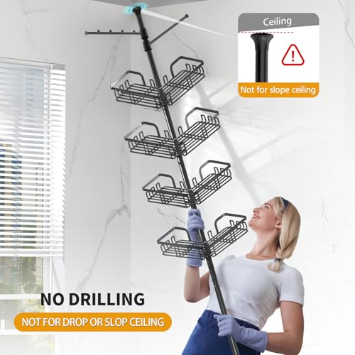 Image of KEGII Shower Caddy Tension Pole with 2 Towel Bars, Corner Shower Organizer Shelves for Bathtub Shampoo Storage, Adjustable Shower Tension Rod with Razor Holder & Hooks