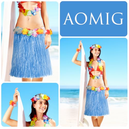 Aomig Hawaii Mottoparty Kostüme Set Rock, Hawaiian Gras Hula Rock Sets, 60cm Lange Hawaiianischer Grasrock mit Halskette Armbänder Haarblume Grasröcke für Cheerleading Strand Party Ostern (Blau)