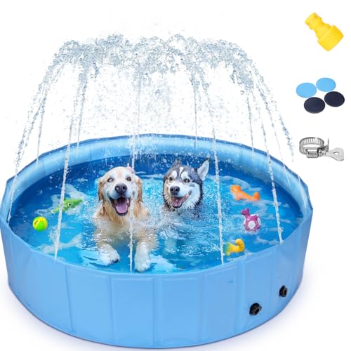 Nobleza Piscina Perros Grandes Bañeras con Aspersor, 2 en 1 Plegable y Portátil PVC Piscina para Perro, Two IN One Dog Swimming Pool and Water Spray Pad D180*H30CM Dark Blue&Light Blue