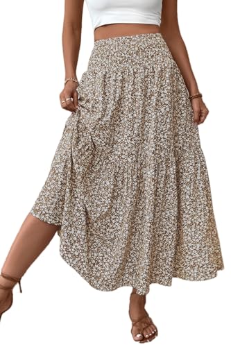 TuoGo Skirts for Women Casual Summer Floral Maxi Skirt with Pockets (S,932-Khaki Floral)