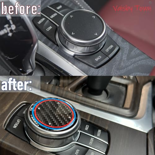 Image of Center Console Multimedia Knob Button Cover compatible with BMW Interior | 1.81 inches for X3 X4 X5 X6 1 3 4 5 7 Series 3GT 5GT,High Clarity Resin with Real Carbon Fiber Texture, Sporty Ring Design