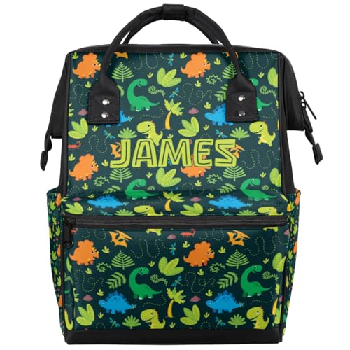 Image of Large Diaper-Backpack Baby-Gifts Cute Dinosaur Personalized Nappy-Bag | Customized Diaper Bag for Baby-Boys Mommy-Bag with Baby Name Dark Green Dinosaur Nappy-Backpack for Baby Traveling