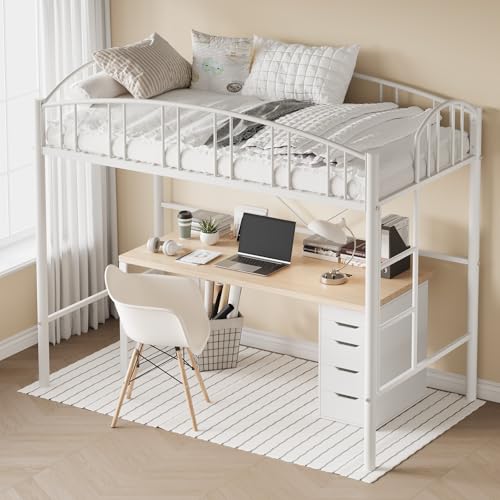 Garvee Loft Bed Twin Size with Ladde and Arched Guardrail, Heavy Duty Metal Loft Bed Frame for Kids and Adults, Sturdy Steel Slats Support, Small Space Saving Design, No Box Spring Needed, White