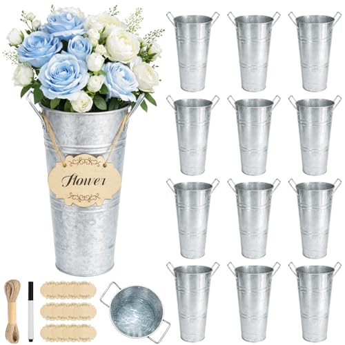 Cinrobiye 12Set Farmhouse Vase Decor 10inch Galvanized Metal Flower Buckets Small Wooden Label Vintage Rustic Tin Flower Buckets for Artificial Floral Table Centerpiece Weddings Decor (Iron)
