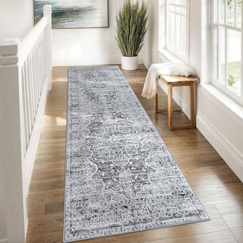 KUTA Vintage Washable Runner Rug, 2.6x8 Runners for Hallways Non-Slip Vintage Grey White Floral Kitchen Rugs Soft Printed Tribal Floor Carpet for Bedroom Living Room Nursery