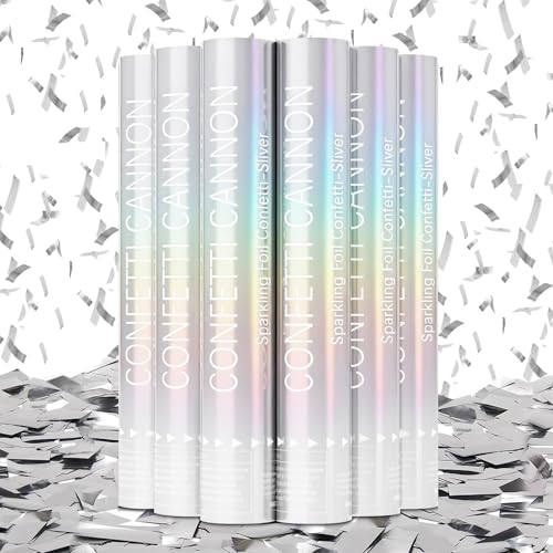 Confetti Cannon 6 Pack Silver Confetti Poppers 12 Inch Streamer Cannon Foil Party Poppers Confetti Shooters Silver Mylar Popper Cannon Bulk for Wedding Birthday Graduations New Year Celebration
