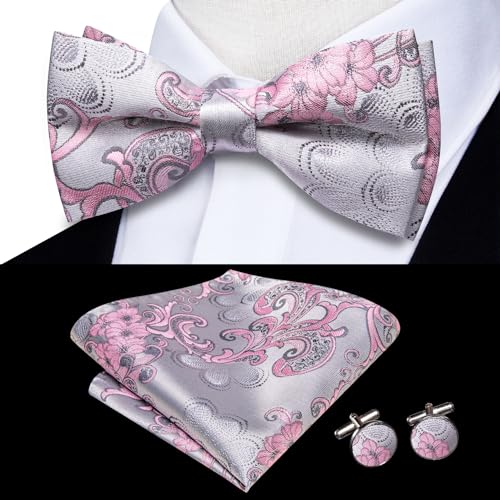 Image of Hi-Tie Bow Ties for Men Silver Pink Floral Pre-Tied Pocket Square Cufflinks Mens Bowtie Sets for Wedding Formal Party