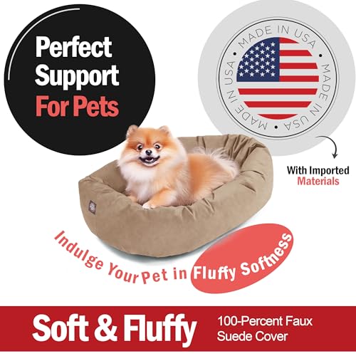 Image of Majestic Pet Suede Shredded Memory Foam Mix Calming Dog Bed Washable - Cozy Soft Round Dog Bed with Spine for Head Support - Fluffy Donut Dog Bed, 24 Inch, Stone