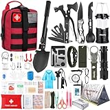 Survival Kit, Gifts for Men Women Teen Boys, 252 pcs Survival Gear and Equipment Mini First Aid Kit for Car Home, Emergency Kit with Molle System for Earthquake, Outdoor Adventure, Car Travel (Red)