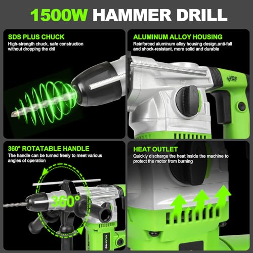Image of GALAX PRO SDS-Plus Rotary Hammer Drill 1500W 0-4000RPM, 4 in 1 Functions | 360 Anti Vibration Auxiliary Handle, Heavy Duty Electric Rotary Hammer Drill with Case,for Metal, Wood, Brick, Plastic