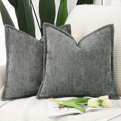 Image of MADIZZ Decorative Chenille Velvet Throw Pillow Covers Set of 2 Soft Boho Textured Neutral Couch Throw Pillow for Bed Modern Farmhouse Home Decor for Sofa Livingroom Dark Grey 20x20 Inch