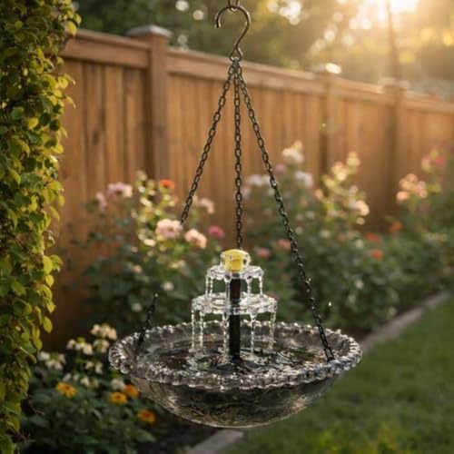 Hanging Bird Bath with Solar Fountain Cascade Powered Birdbath Water Fountain Pumps Dispenser Outdoors Decor Hummingbird Bath Shower Bowl for Outdoor Gardens Yard Patio Backyard Decoration (Blue A) - 5