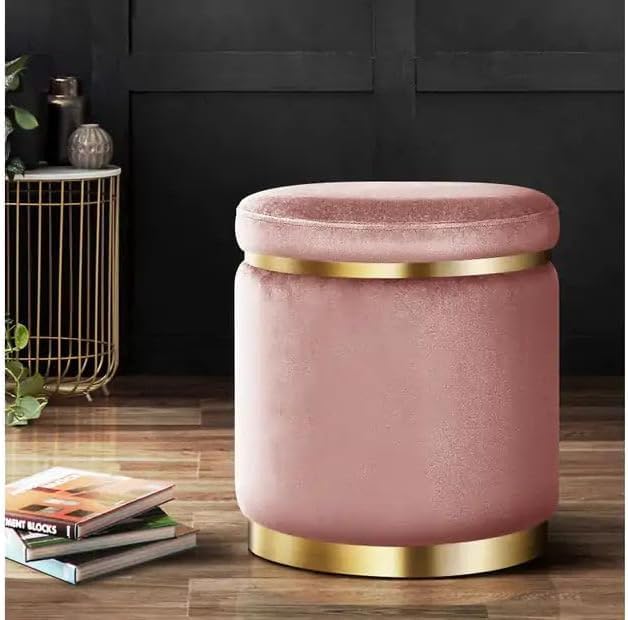 Luxury Velvet Round Ottoman Stool with Gold Metal Base: Modern Vanity Seat, Accent Piece for Living Rooms, and Upholstered Foot Rest Pink-image-42