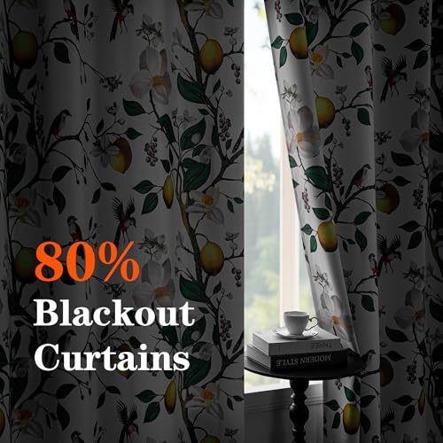 Image of MYSKY HOME Floral Curtains 95 Inch Long for Living Room Vintage Farmhouse Room Darkening for Dining Room Bedroom Lemon Hummingbird Patterned Thermal Insulated Drape, 2 Pcs, W52, Greyish White