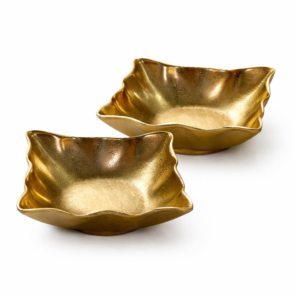 Aira11 Decor Handcrafted Aluminium Square Decorative Bowl Set of 2, Brass Gold Finish, Wavy Ruffled Edge, 12x12x4 cm, Aurora Gold Duo-image-2