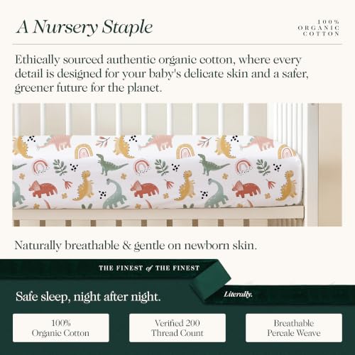 Image of 100% Organic Cotton Mini Crib Sheets (3-Pack) - GOTS Certified, Soft Fitted Sheets for Mini Mattress & Pack n Play, 5 in Deep Pocket with Secure Elastic Fit, Boys & Girls, (27 inch x 39 inch) Jurassic Joy