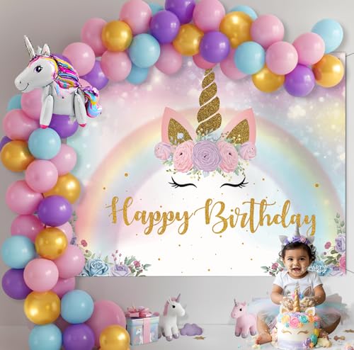 Image of Party Propz Unicorn Theme Birthday Decoration Kit For Girls - 64 Pcs,Happy Birthday Banner Backdrop Decoration (5x4 ft),Colourful Balloons, Unicorn Foil Balloon,Bday Decoration Items for Girls