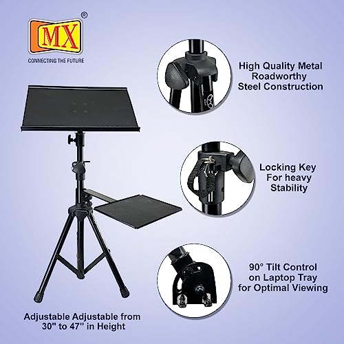 Image of MX Superlux Adjustable Tripod Stand with Dual Metal Trays - Foldable Portable Stand for Laptop, Projector, Speaker, DJ, Presentations - Height 2.5-4 ft