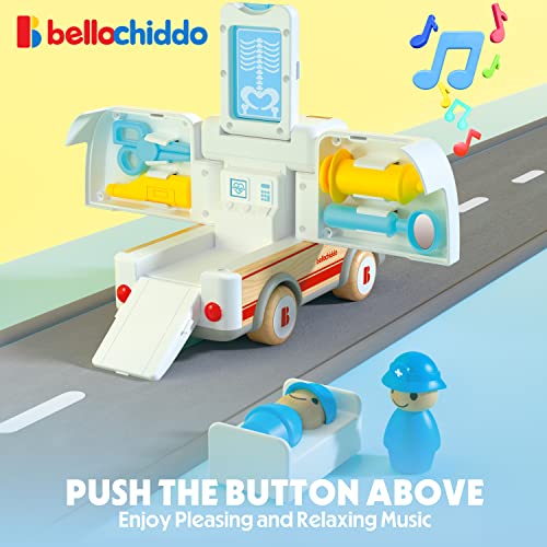 Bellochiddo Ambulance Toy - Wooden Ambulance With Light&Sound Effects, Emergency Vehicle Toys With Storage Box, Pretend Play Learning & Education Toys For Boys&Girls, Birthday Gift Doctor Kit For Kids #TOP1