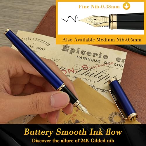 Image of BEILUNER Blue Personalized Fountain Pen,Stunning Luxury Lacquer,24K Gilded Nib(Fine),Gorgeous 24K Gold Finish, Ink Converter,Fancy Gift for Men&Women-Elegant, Graduation,Nice Pens for Writing