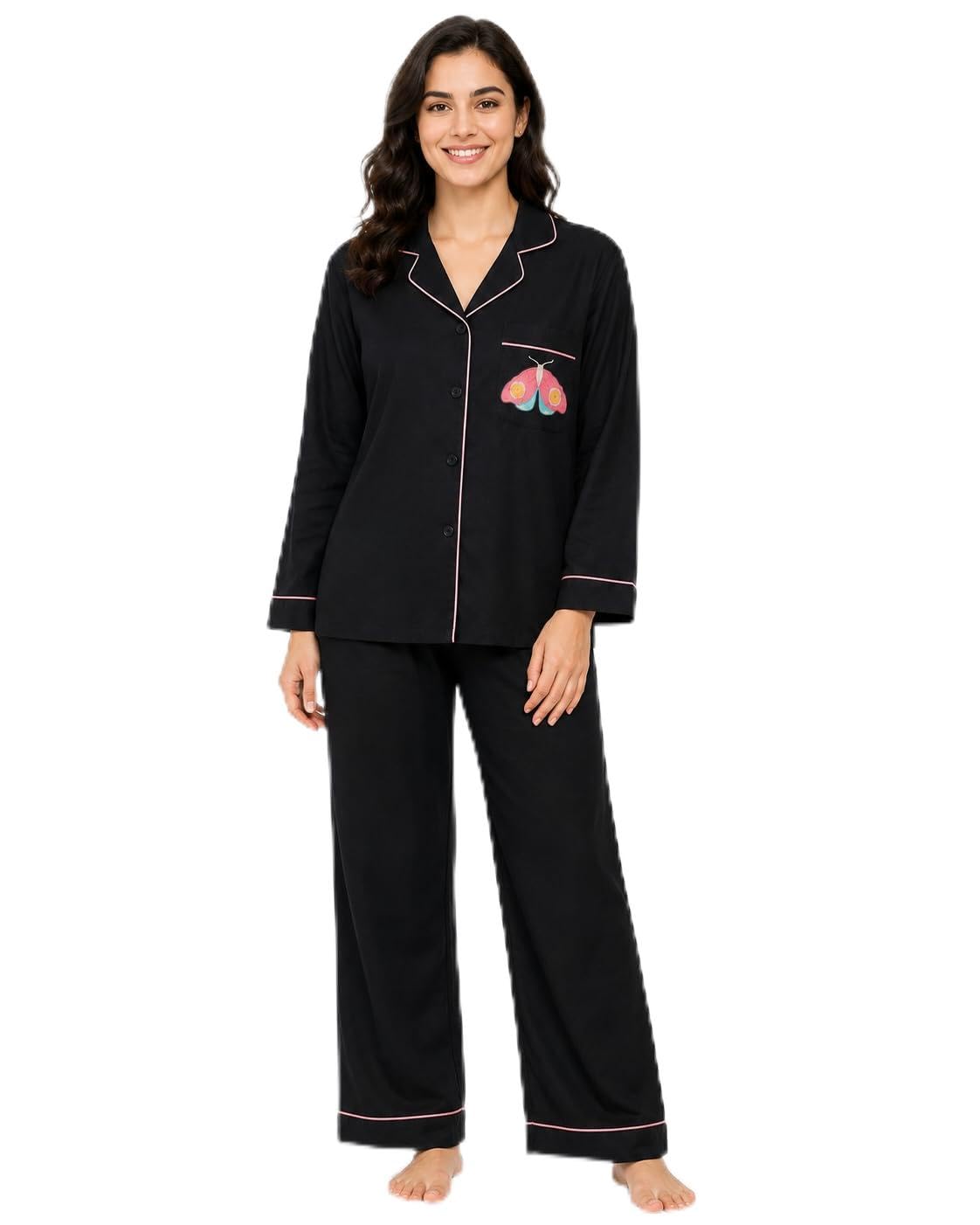 Women's Black Cotton Night Suit Shirt and Pyjama Set with Moth Embroidery and Pink Piping-picture-32