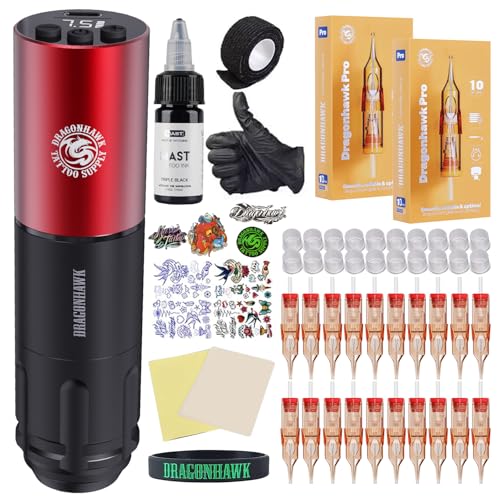 Dragonhawk A1 Beginner Tattoo Kit, Wireless Complete Pro Tattoo Gun Pen Machine Kit, Cartridges Tattoo Machine Needles
