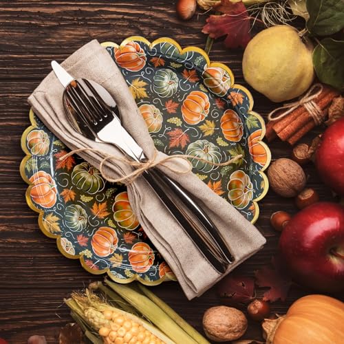 Image of Confettiville Thanksgiving Paper Plates, 50-Count Disposable Thanksgiving Dinner Plates, Scalloped, Party Supplies, Pumpkins, Green