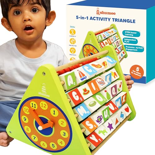 Shumee's 5-in-1 STEM Activity Triangle | Engage Your Baby with ABCD, Counting & Telling Time | Wooden Abacus and Gear Cube Toy for Kids| Birthday Gift for Boys and Girls | Kids Toys