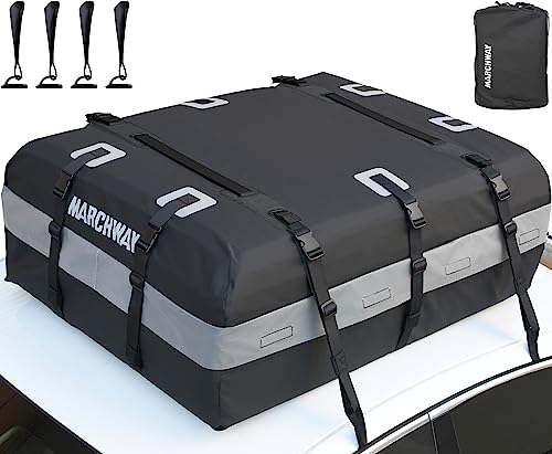 MARCHWAY Waterproof Car Roof Luggage Bag, Weatherproof Soft Shell Rooftop Cargo Carrier Bag for Vehicles with or Without Rack. 6 Door Hooks, Anti Slip Mat, Lock Included (21 Cubic Feet, Black)