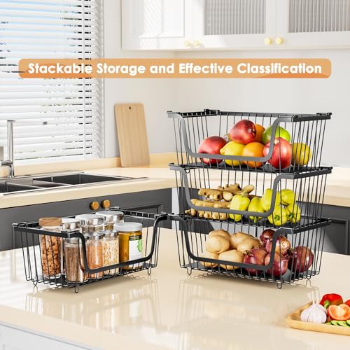4 Pcs Stackable Wire Baskets for Pantry Organizers and Storage,Kitchen Storage Metal Baskets,Produce Potato Onion Storage Bin,Vegetable Fruit Basket for Countertop,Black - image 4