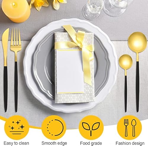 مجموعة ادوات مائدة فضية من الستانلس ستيل من ايملاكي: 24 قطعة من ادوات المائدة وشوك وملاعق وسكين شريحة لحم 6 (ذهبي اسود)