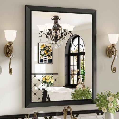 Image of 28x36 Inch Black Bathroom Mirror for Wall, Beveled Framed Rectangle Bathroom Vanity Mirrors for Over Sink, Bedroom, Living Room, Entryway, Anti-Rust, HD Tempered Glass, Horizontally /Vertically