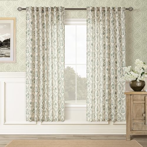 Image of Green Floral Linen Curtains Patterned Semi Sheer 72 Inch Length 2 Panels