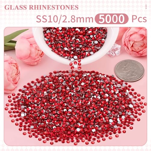 Image of 5000PCS SS10 /2.8mm Crystal Glass Rhinestones for Bedazzling (Red /Siam) | Flatback Rhinestones for Crafting DIY Nail Art Makeup Decoration, Gems Diomand Charms for Tumbler Shoes Clothing Mug
