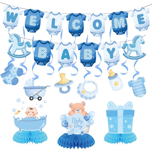 Image of Baby Shower Decorations for Boy- Baby Shower Banner Blue Paper Welcome Baby Banner Welcome Baby Sign