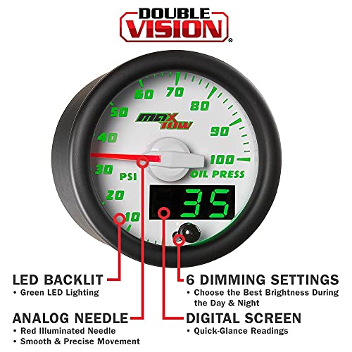 Maxtow Double Vision 100 Psi Oil Pressure Gauge Kit - Includes Electronic Sensor - White Gauge Face - Green Led Illuminated Dial - Analog & Digital Readouts - For Trucks - 2-1/16" 52Mm #TOP2