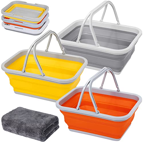 Autodeco 3 Pack Collapsible Sink With Handle Towel, 2.37 Gal / 9L Foldable Wash Basin For Washing Dishes, Camping, Hiking And Home Orange&Yellow&Gray #TOP19