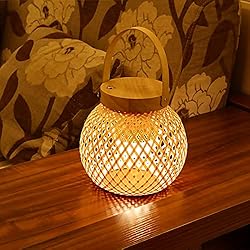 Lamparas De Bambu Rattan LANMOU Lámpara de Mesa de Bambú Inalámbrica Táctil Linterna de Rattan Recargable Lámpara de Mesa Regulable LED 3000K Lámpara de Cabecera Trenzada Rústica con Batería de 1600 mAh