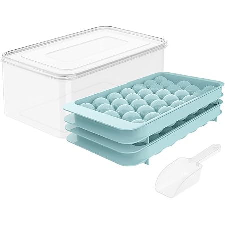 Round Ice Cube Tray with Lid & Bin Ice Ball Maker Mold for Freezer with Container Mini Circle Ice Cube Tray Making 66PCS Sphere Ice Chilling Cocktail Whiskey Tea Coffee 2 Trays 1 ice Bucket & Scoop