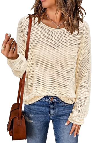 Arach&Cloz 2025 Womens Crochet Tops Wool Blended Sweaters Lightweight Long Sleeve Crew Neck Spring Fashion Knit Outfits