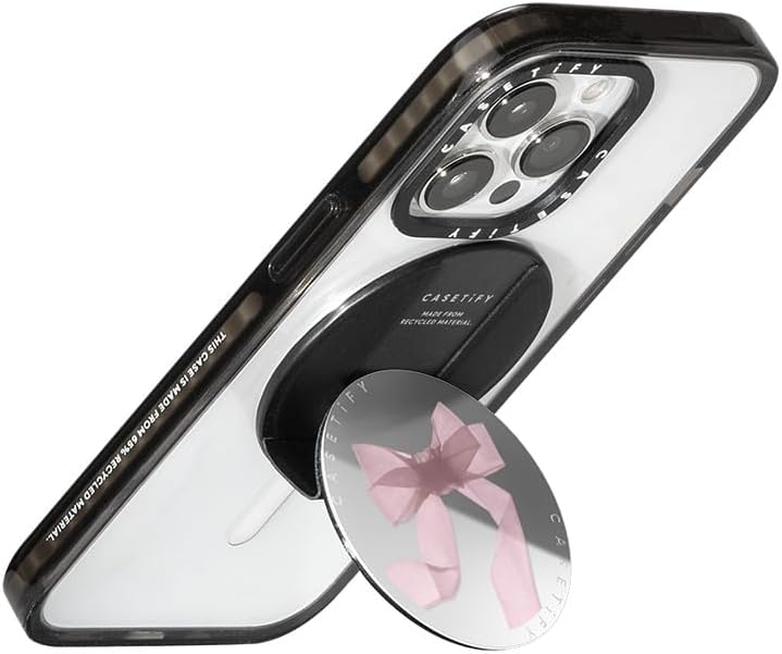 CASETiFY Snappy Grip Stand Compatible with Magsafe - Pink Organza Ribbon - Silver Mirror - Image 3