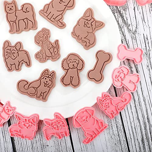 8 Pcs Dog Cookie Cutters With Plunger Stamps Set 3D Puppy Bone Shape Biscuit Cutter Funny Cartoon Cookie Stamps Stamped Embossed Dog Cookie Cutters For Treats Diy Cookie Cake Baking Supplies #TOP6
