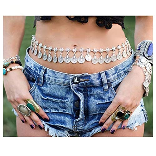 Fstrend Vintage Waist Chain Silver Coin Pendant Tassel Flower Boho Body Chains Belly Summer Beach Jewelry Accessories for Women and Girls