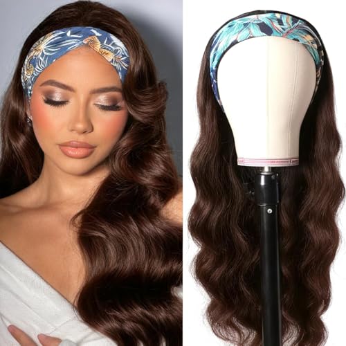 Lauberita Chocolate Brown Headband Wig Human Hair for Women 20 Inch 180% Density Body Wave Headband Wigs Glueless Human Hair Wig(#4, Body Wave)