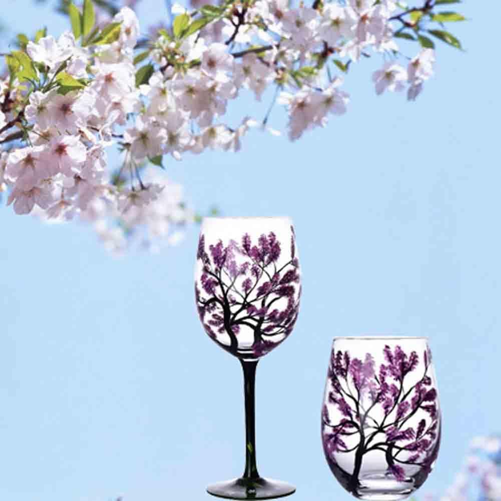 4PCS Hand Painted Wine Glass Four Seasons Tree Wine Glasses Fall Leaves Flower Seasons Colored Red Wine Glasses for Wine Cocktails Novelty Gift for Birthdays Weddings Gifts (Stem glass)
