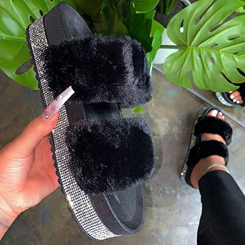 JITUUE Ladies Rhinestone Platform Furry Slippers Indoor or Outdoor Flat Slippers3