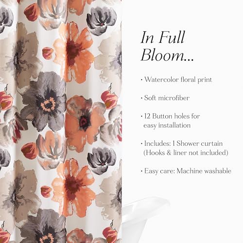 Image of Lush Decor Leah Floral Shower Curtain, 72 inch W x 72 inch L, Coral & Gray - Fabric Shower Curtains - Watercolor Botanical Bathroom Curtain - Farmhouse & French Country Decor